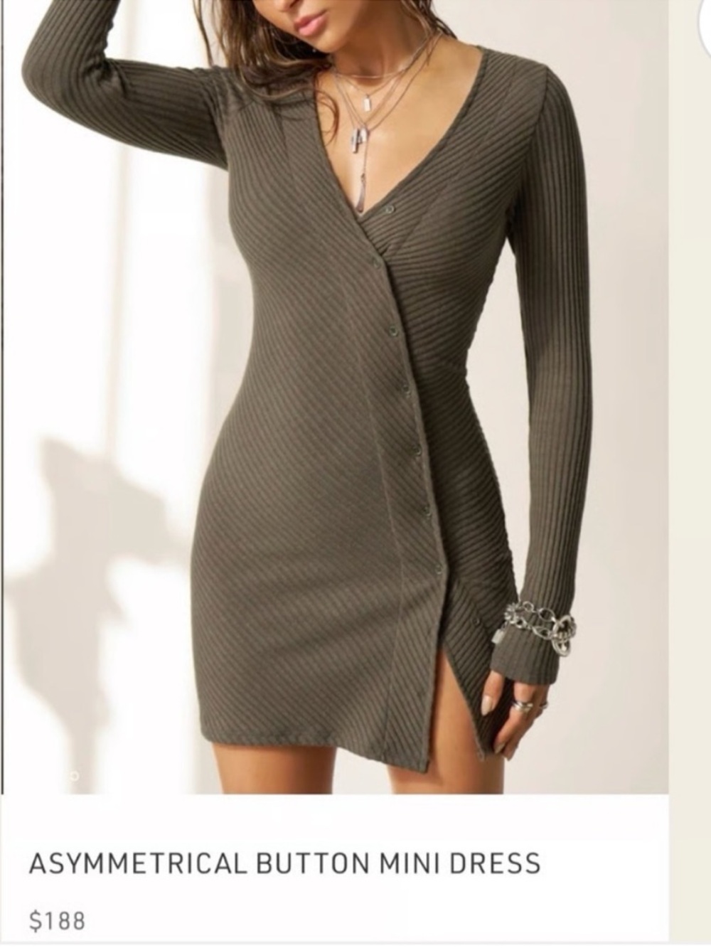 Joah Brown Olive Ribbed Asymmetrical Button Mini Dress XS Sold Out on Website